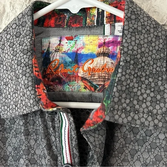 Robert Graham Gray Geometric Shirt with Colorful Collar Men’s S - Picture 2 of 8